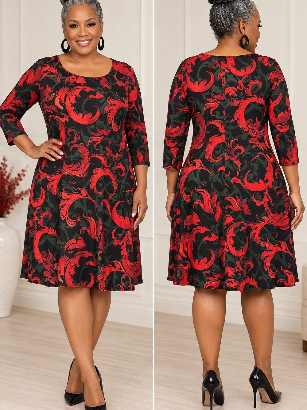 NWT Yelete XL Red Black Scroll Print 3/4 Sleeve Swing Dress